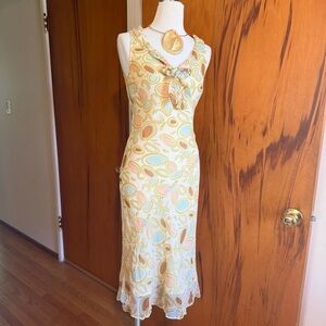 Sleeveless Pastel Print V-Neck Silk Midi Dress